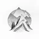 A blackwork tattoo of a mountain landscape with a wolf silhouette blending into the scenery tattoo design idea