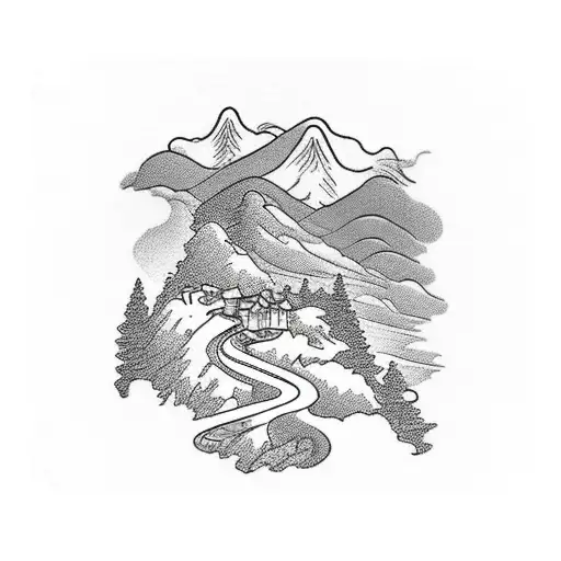 A man standing on a winding mountain road, with a village down in a valley in front of him  tattoo design idea