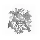 A man standing on a winding mountain road, with a village down in a valley in front of him  tattoo design idea