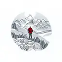 A man standing on a winding mountain road, with a village down in a valley in front of him  tattoo design idea