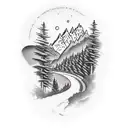 A man standing on a winding mountain road, with a village down in a valley in front of him  tattoo design idea