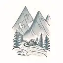 A man standing on a winding mountain road, with a village down in a valley in front of him  tattoo design idea