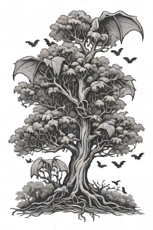 Poison Tree with bats flying tattoo design idea