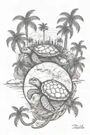 cute turtle, palm tree, worldmap, travell written tattoo design idea
