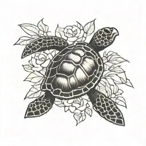 A blackwork design of a sea turtle with gardenias blooming on its shell tattoo design idea