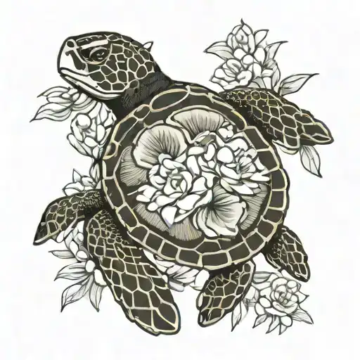A blackwork design of a sea turtle with gardenias blooming on its shell tattoo design idea