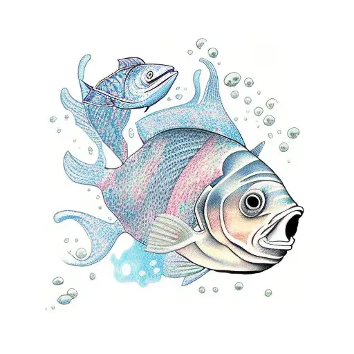 A scuba diver playing guitar underwater surrounded by colorful fish tattoo design idea