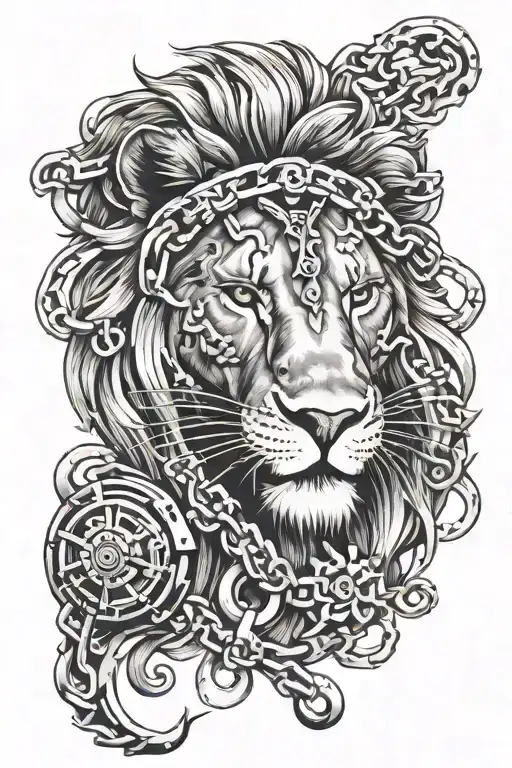 Bike chain wrapped, lion head, respect for late father, love for wife, technology tattoo design idea