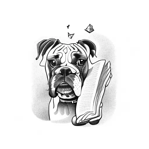 A boxer dog reading a book on top of a mountain tattoo design idea