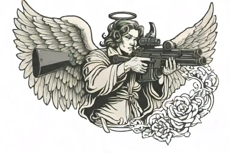 angel with gun and 777 Numbers in the Smoke tattoo design idea