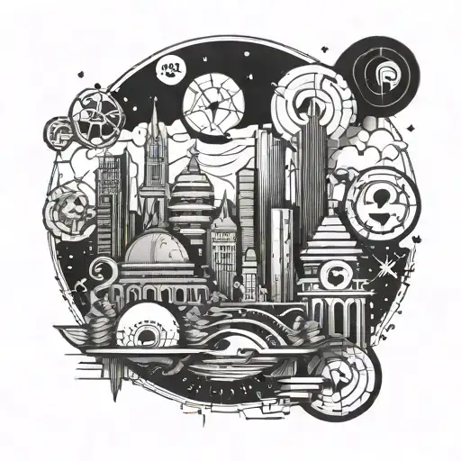 A futuristic cityscape incorporating crypto symbols and money motifs tattoo design idea