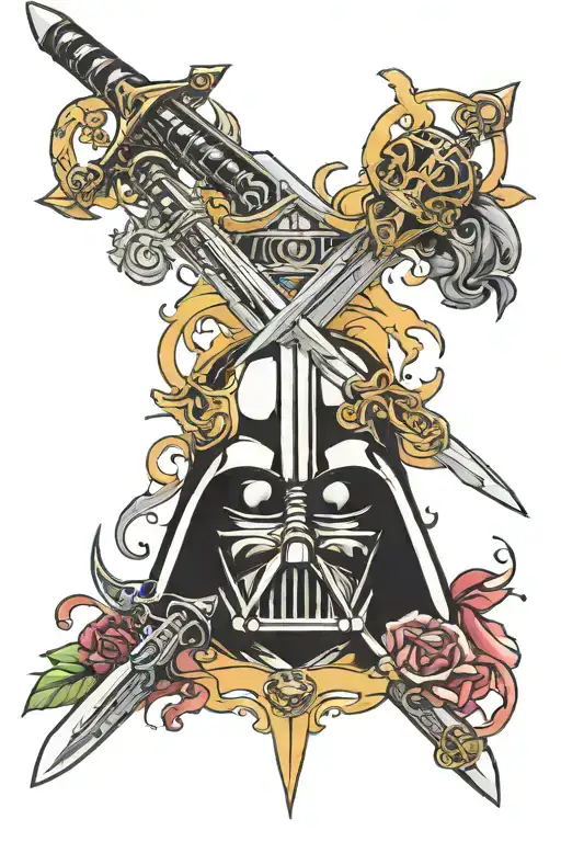 sword with crown on top. darth vader helmet going through the sword as well as anakin skywalkers head tattoo design idea