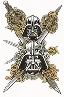 sword with crown on top. darth vader helmet going through the sword as well as anakin skywalkers head tattoo design idea