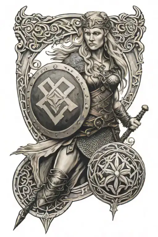 Viking girl and shield and rave tattoo design idea