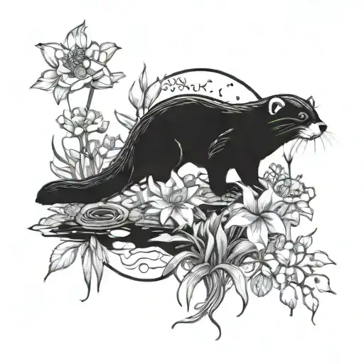 A mystical garden scene with witchcraft elements intertwined with flowers and otters tattoo design idea
