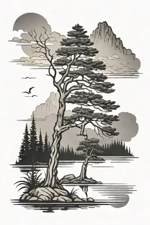 Norway pine on a lake scene tattoo design idea