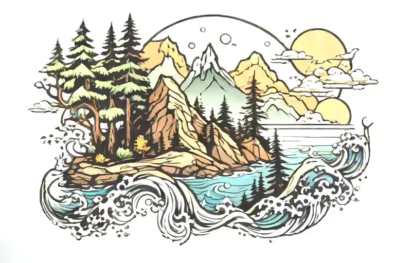 forest and mountain and ocean scene tattoo design idea