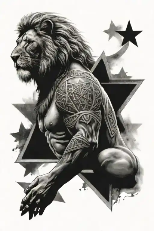 full back tattoo with a lion, a spartan warrior, the Star of David, and Angeles  tattoo design idea