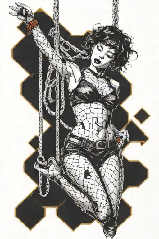 Shibari inspired pinup girl suspended from a tree tattoo design idea