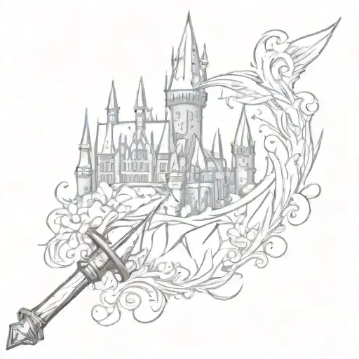 harry Potter wand with disney castle tattoo design idea