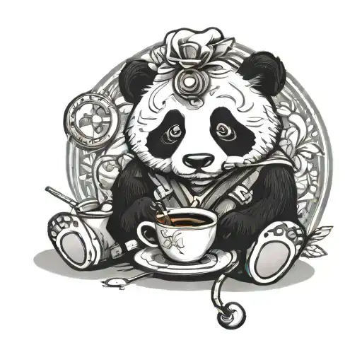 cute sitting panda with coffee and stethoscope symbolizing tattoo design idea