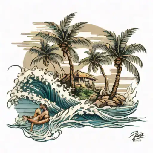 A detailed tattoo of a beach scene with palm trees and waves crashing, incorporating elements of a father and child spending time together tattoo design idea