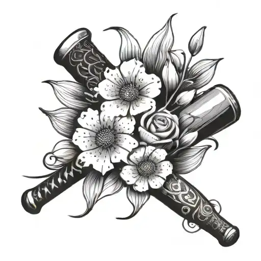 A baseball bat and knitting needles crossed, with flowers blooming around them, showcasing the client's diverse interests tattoo design idea