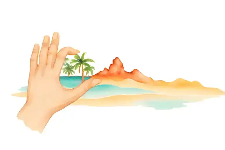 snow mountain and ocean beach scene with palm tattoo design idea
