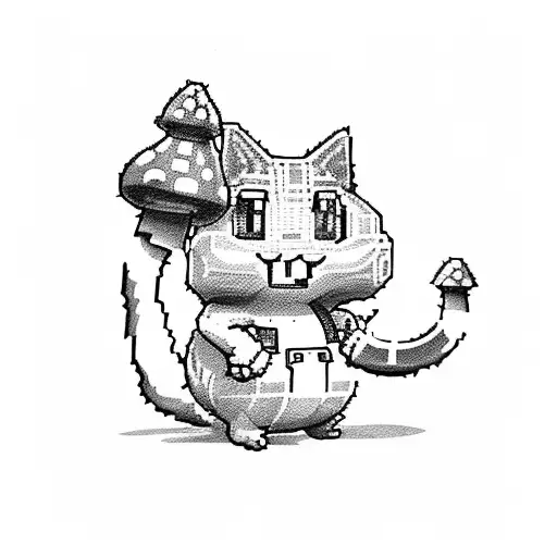 A dotwork tattoo of a pixelated cat with a Super Mario power-up mushroom on its head tattoo design idea