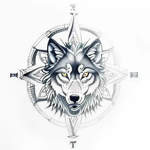 A blackwork tattoo featuring a wolf, lion, and raven intertwined in a nautical compass tattoo design idea