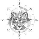 A blackwork tattoo featuring a wolf, lion, and raven intertwined in a nautical compass tattoo design idea