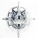 A blackwork tattoo featuring a wolf, lion, and raven intertwined in a nautical compass tattoo design idea