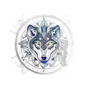 A blackwork tattoo featuring a wolf, lion, and raven intertwined in a nautical compass tattoo design idea