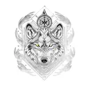 A blackwork tattoo featuring a wolf, lion, and raven intertwined in a nautical compass tattoo design idea