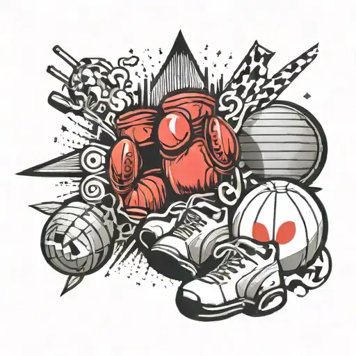 A dynamic sports collage featuring various athletic symbols like boxing gloves, basketballs, and dumbbells tattoo design idea