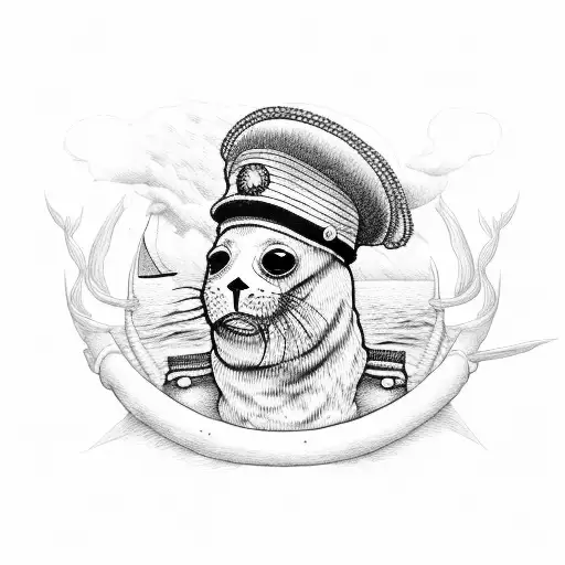 seal with a captains hat comming out of the sea. smoking a old fashion pipe tattoo design idea