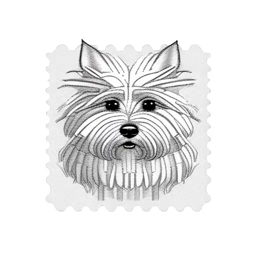 square postage stamp with a shaggy dog with pointy ears in the middle tattoo design idea