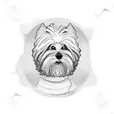square postage stamp with a shaggy dog with pointy ears in the middle tattoo design idea