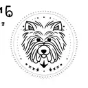 postage stamp with a shaggy dog with pointy ears in the middle tattoo design idea