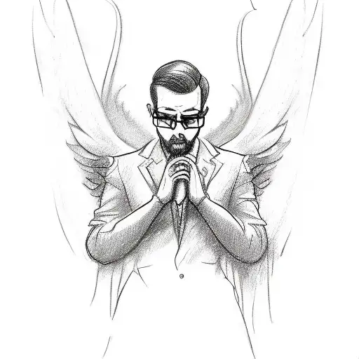 A sketch-style tattoo of a businessman angel with the words 'Cry now, laugh later' in Portuguese tattoo design idea