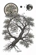 Weeping Willow tree surrounded by 4 moon phases above. Dog paw print interwinded in the weeping willow tree roots tattoo design idea