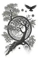 Weeping Willow tree surrounded by 4 moon phases above. Dog paw print interwinded in the weeping willow tree roots tattoo design idea