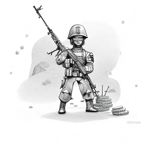 small happy soldier, with money, hard work, love, cars tattoo design idea