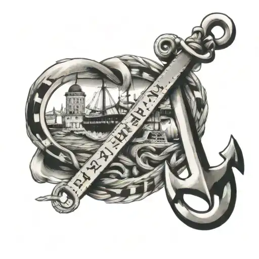 An anchor with a film strip wrapped around it, showcasing iconic movie scenes and Norwegian landmarks tattoo design idea