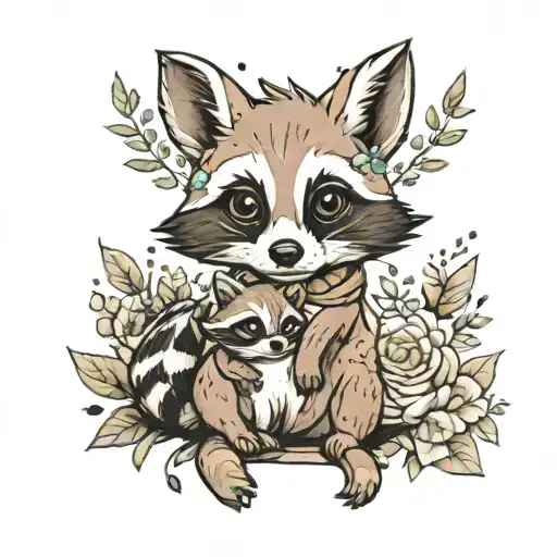 raccoon baby fox and dino tattoo design idea