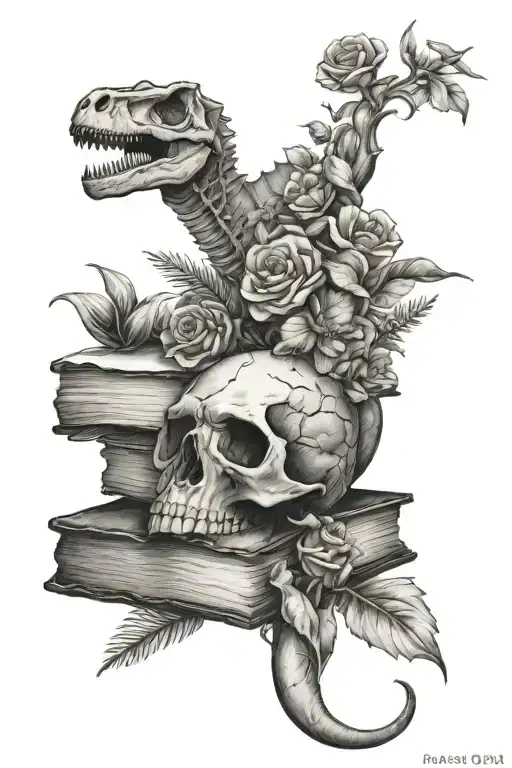 flowers, books, dinosaur skull tattoo design idea
