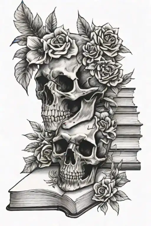 flowers, books, dinosaur skull tattoo design idea