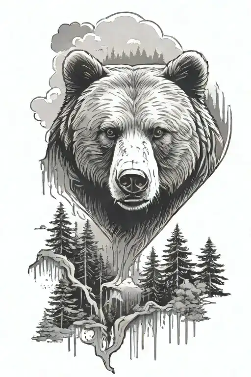 Bear face with forest in the background tattoo design idea