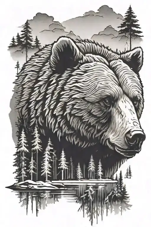 Bear face with forest in the background tattoo design idea