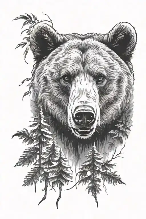 Realistic bear face with a night forest background tattoo design idea